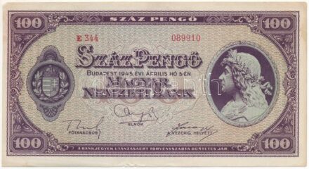 1945. 100P 'E344 089910' T:II folt, kis szakadás Adamo P18