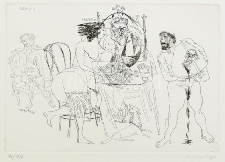 Szalay Lajos (1909-1995): Salome, Herodes, Herodias, Keresztelő Szt. János. Rézkarc, papír, jelzett, számozott: 4/XV.. Üvegezett fakeretben. 17x22,5 cm