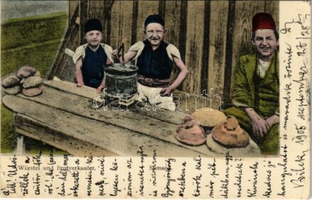 1905 Bosnyák kolbász és kenyér árusok / Bosnian folklore, sausages and bread vendors / Würstel und Brotverkaufer + 'K.u.k. Milit. Post. Bilek'