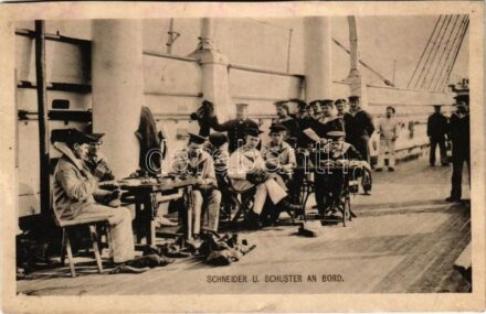 1917 Schneider und Schuster an Bord / WWI Austro-Hungarian Navy, K.u.K. Kriegsmarine, tailor and cobbler on board, mariners. Phot. Alois Beer. Verlag F. W. Schrinner (r)