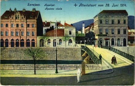 1915 Sarajevo, Apelova obala / Apelquai, Attentatsort vom 28. Juni 1914 + 'K.u.k. Milit. Post Sarajevo' (EK)