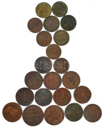 Vegyes: ~1800. 22db-os vegyes, főleg osztrák és magyar krajcár tétel, közte 1851E 1kr Cu, Ausztria 1760. 1/2kr Cu T:2-3 Mixed: ~1800. 22pcs of mixed, mainly Austrian and Hungarian Kreuzer lot, with 1851E 1 Kreuzer Cu, Austria 1760. 1/2