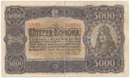 1923. 5000K 'Magyar Pénzjegynyomda Rt. Budapest' jelöléssel, '5B08 226659' T:III szakadás, kis folt Adamo K39