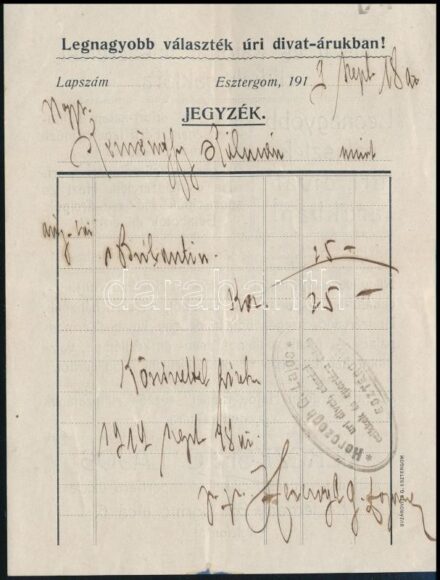 1919 Herczegh G. Lajos esztergomi divat-, katonai felszerelés, sportáru kereskedő számlája, pecsételve, saját kezű aláírásával, hátoldalon reklámismertetőjével