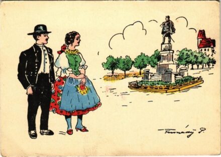 Zombor, Sombor; Schweidel szobor. A vidék népviselete. Kiadja a Délvidéki Egyetemi és Főiskolai Hallgatók Egyesülete / Hungarian irredenta propaganda, folk costumes s: Tusnády (EK)
