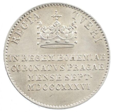 Habsburg Birodalom 1836. 'I. Ferdinánd prágai koronázása' Ag zseton. 'FERDINANDVS I D G AVSTRIAE IMPERATOR / RECTA TVERI - IN REGEM BOHEMIAE - CORONATVS PRAGAE - MENSE SEPT - MDCCCXXXVI'. Alkotók: Josef Daniel Boehm, Johann Weiss (3,28g/18mm)