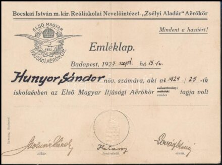1927 Bocskai István Reáliskola 'Zsélyi Aladár' Első Magyar Ifjúsági Aerokör tagsági emléklapja, repülőemlék, hajtott