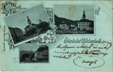 1902 Újbánya, Königsberg, Nová Bana; Elemi iskola, Piactér. Wagner János kiadása / elementary school, market square. Art Nouveau, floral (fl)