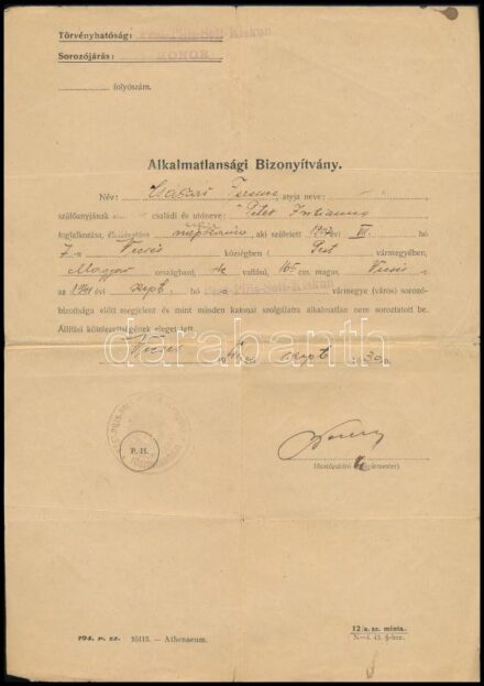 1941-1950 Katonai alkalmatlansági bizonyítvány és igazolvány, és két betétlap