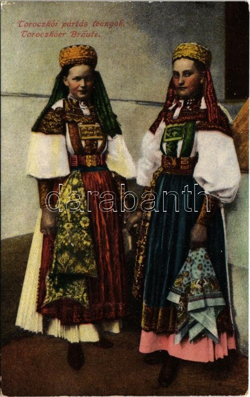 Torockó, Rimetea; Toroczkói pártás leányok. Erdélyi udvari fényképész felvétele. Vasúti levelezőlapárusítás / Torockóer Bräute / Transylvanian folklore