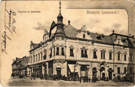 1903 Losonc, Lucenec; Takarék és hitelbank, Fischer S. üzlete. Kármán Zsigmond kiadása / bank, shops (szakadás / tear)