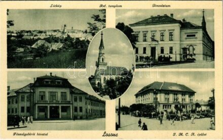 Losonc, Lucenec; látkép, Református templom, Gimnázium, Főszolgabírói hivatal, YMCA épület / general view, Calvinist church, grammar school, court, YMCA building, automobiles
