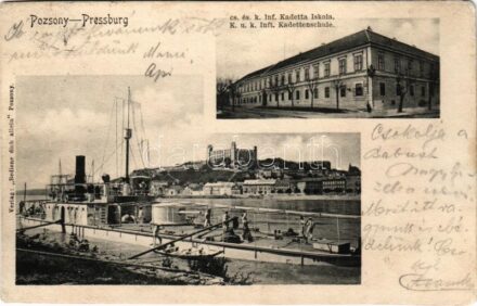 1905 Pozsony, Pressburg, Bratislava; SMS Szamos a Császári és Királyi Haditengerészet monitorja a Dunán, matrózok a fedélzeten, háttérben vár, Cs. és kir. Inf. Kadetta iskola. Dunaflottilla. Verlag 'Bediene dich allein' / K.u.K.