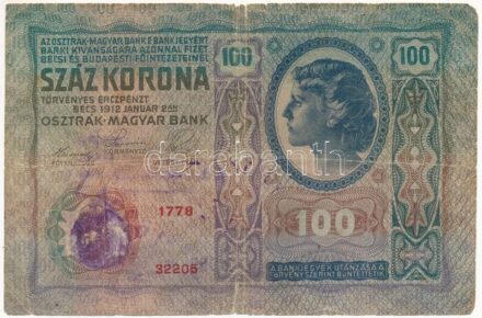 1912. 100K T:III- szakadások, anyaghiány, folt Adamo K28