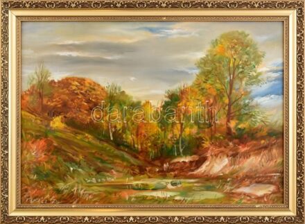 Takács Zoltán (?-): Táj. Olaj, farost. Jelzett. Dekoratív fakeretben. 35x50 cm