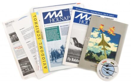 cca 1985-1990 7 db Malév és más repülős újság valamint egy Hollóházi repülőnap plakett
