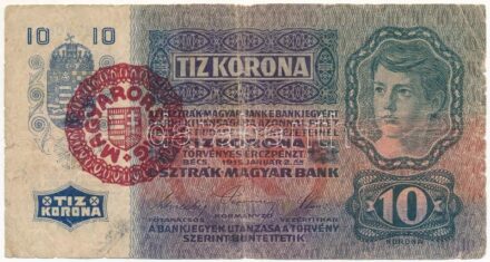 1915. 10K piros 'MAGYARORSZÁG' felülbélyegzéssel, '1220 527406' T:III- szakadások, anyaghiány Adamo K11