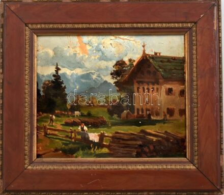 Jelzés nélkül: Alpesi jelenet. Olaj, karton. Dekoratív, sérült fakeretben. 17,5x21 cm