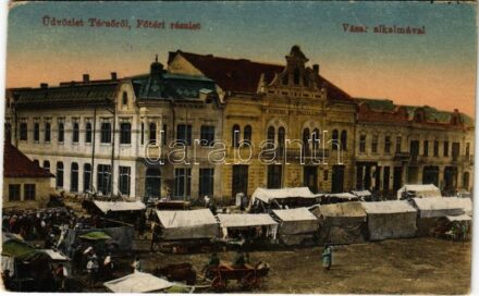 1917 Técső, Tiacevo, Tiachiv, Tyachiv; Fő téri részlet vásár alkalmával, piac, Korona szálloda és kávéház. Szabó Lipót kiadása / main square on market day, hotel and café 'K.u.K. Feldjägerbaon Marschkomp' (EK)