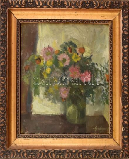 Galambosi (?) jelzéssel: Csendélet. Olaj, vászon. Hátoldalán Képzőművészeti Alap címkéjével. 36×32 cm. Üvegezett, dekoratív, sérült fakeretben.