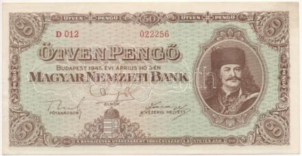1945. 50P 'D 012 022256' T:I,I- Hungary 1945. 50 Pengő 'D 012 022256' C:UNC,AU Adamo P15