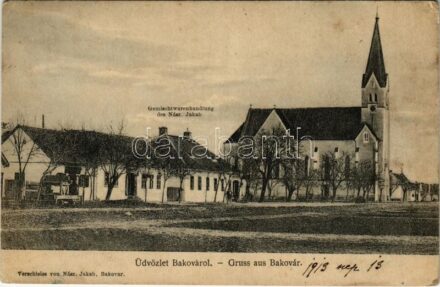 1913 Bakóvár, Bachóvár, Bacova; templom, Nász Jakab üzlete és saját kiadása / church, publisher's shop (EK)