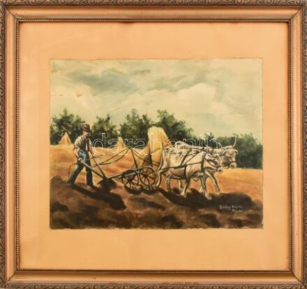 Zombory Brigitta (?-?): Szántás, 1931. Olaj, vászon, jelzett. 31×43 cm. Üvegezett, dekoratív fakeretben.