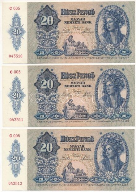 1941. 20P (3x) sorszámkövetők 'C 005 043510 - C 005 043512' T:I,I- Hungary 1941. 20 Pengő (3x) consecutive serials 'C 005 043510 - C 005 043512' C:UNC,AU Adamo P12