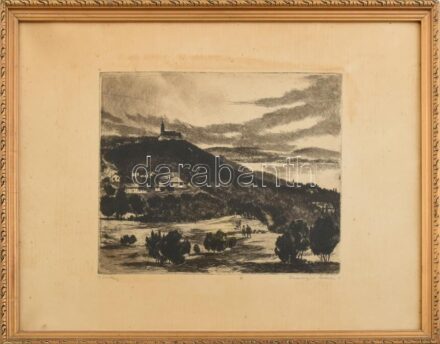Csurgói Máté Lajos (1931-2001): Tihany. Rézkarc, papír, jelzett, kissé foltos, üvegezett fakeretben. 24,5x29 cm