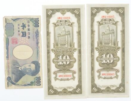 Kína / Shanghai 1930. 10CGU (2x) + Japán DN (2004-2011) 1000Y T:II-III- szakadás, folt China / Shanghai 1930.10 Customs Gold Units (2x) + Japan ND (2004-2011) 1000 Yen C:XF-VG tears, spotts Krause P#327, #104b
