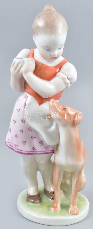 Herendi kutyás lány. Kézzel festett, jelzett, hibátlan. m: 22 cm
