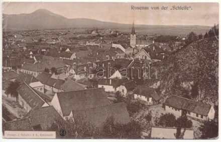 1916 Barcarozsnyó, Rozsnyó, Rosenau, Rasnov; Rosenau von der 'Schleife' / látkép. Fotogr. J. Schuller & S. / general view (ázott / wet damage)