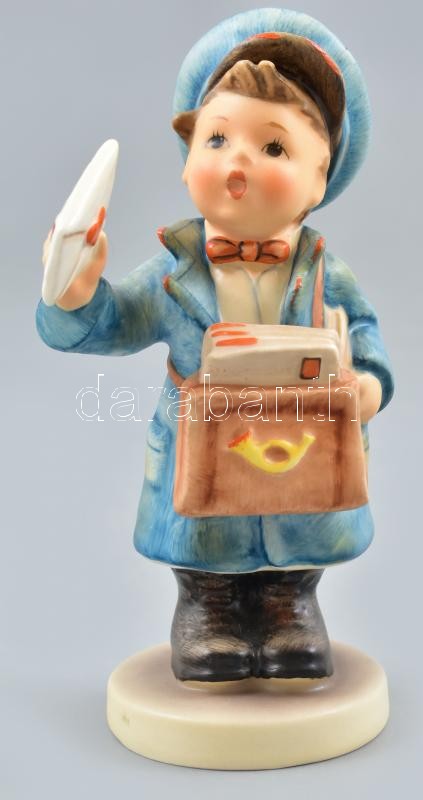 Hummel/Goebel postás kisfiú, kézzel festett fajansz, jelzett, hibátlan, m: 14 cm