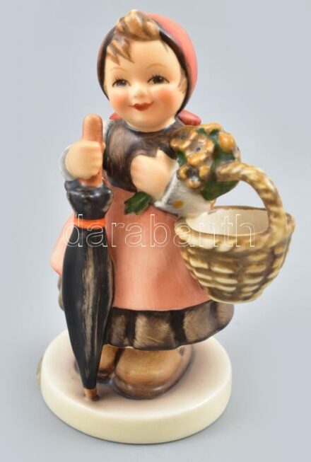Hummel/Goebel kislány kosárral, kézzel festett fajansz, jelzett, hibátlan, m: 14cm