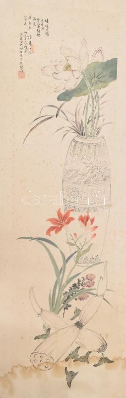 Olvashatatlan jelzéssel, XX. sz. eleji kínai alkotó: Virágok. Akvarell, papír. Foltos, feltekerve. 34x125 cm
