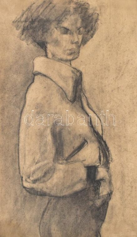Jelzés nélkül: Női portré. Szén, papír. Kissé sérült. 42,5x25 cm