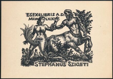 Sterbenz Károly (1901-1993): Ex libris Stephanus Szigeti, erotikus fametszet, papír, jelzett, 7,5×10 cm