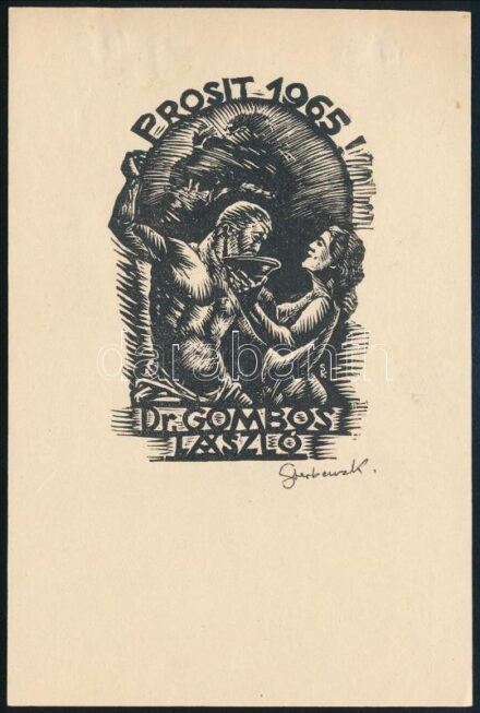 Sterbenz Károly (1901-1993): Prosit 1965, erotikus fametszet, papír, jelzett, 14×9 cm
