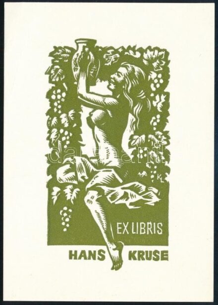 Kékesi László (1919-1993): Ex libris Hans Kruse, erotikus ex libris, lino, papír, 14,5×10,5 cm