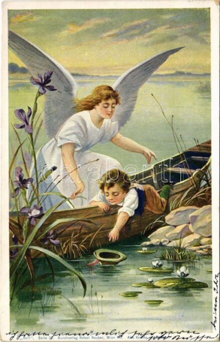 1900 'Halt!' Serie 31. Kunstverlag Rafael Neuber / Children art postcard, angel s: R. Kratki (EK)