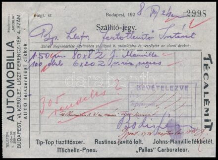 1928 Bp., Automobilia autófelszerelés cikkek fejléces számla