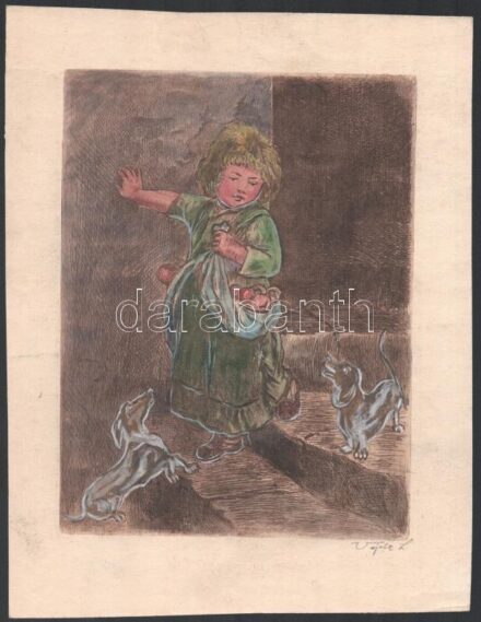 Vajda L jelzéssel: Kislány kutyákkal. Színezett rézkarc, papír. 23x17,5 cm