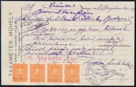 1928 Bp., Taxameter Műhely fejléces számla, illetékbélyegekkel