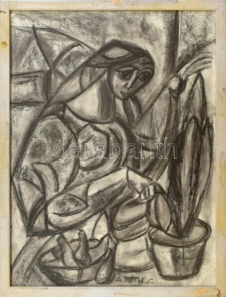 A Tóth Sándor jelzéssel: Virágot öntöző. Pasztell, papír, Üvegezett keretben 39x30 cm