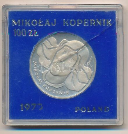 Lengyelország 1973. 100Zl Ag 'Kopernikusz', próbaveret 'PRÓBA' felirattal, sérült műanyag tokban T:1 (eredetileg PP) Poland 1977. 100 Zlotych Ag 'Mikolaj Kopernik' trial strike with 'PRÓBA' mark, in damaged plastic case C:UNC (originally