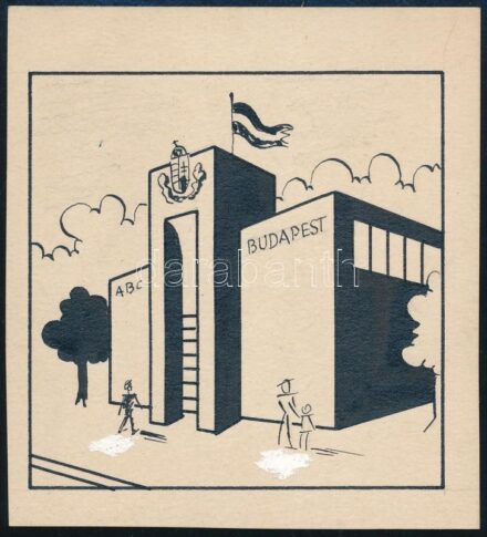 Jelzés nélkül: ABC Budapest, épület magyar címerrel (reklámterv?). Tus, fedőfehér, papír 10x9 cm