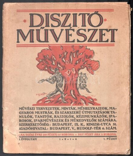 1914 Díszítő Művészet. I. évf. 1. sz. (Szerk. Czakó Elemér.) Bp., Orsz. M. Kir. Iparművészeti Iskola, 8+20+8 p. Benne más újságokból származó illusztrációkkal, táblákkal, 11 db. Kiadói illusztrált papírkötés, kopott,