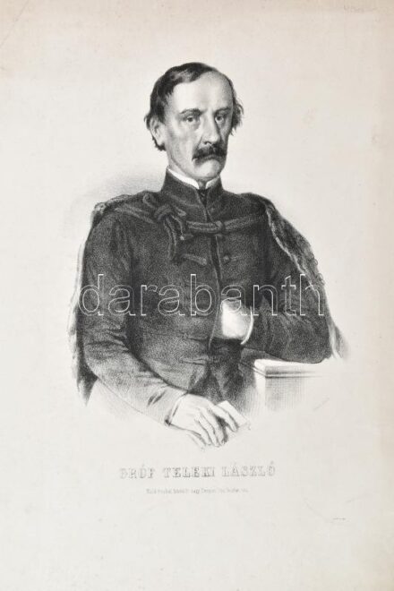 cca 1840-49 gróf Teleki László (1811-1861) portréja. Litográfia , papír. Nyomt. Stoufs. Plank Antalnál Marihilf nagy Templom Utza Bécsben 184(?). Lapszéli kisebb sérülésekkel. Apró foltokkal.. 42,5x28,5 cm