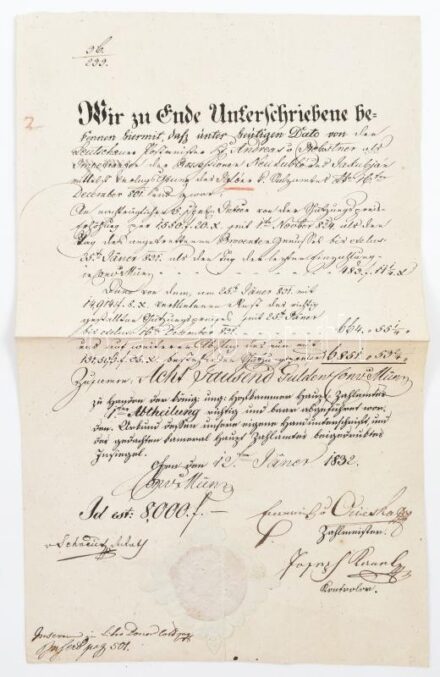 1832 Buda, német nyelvű okmány felzetes szárazpecséttel