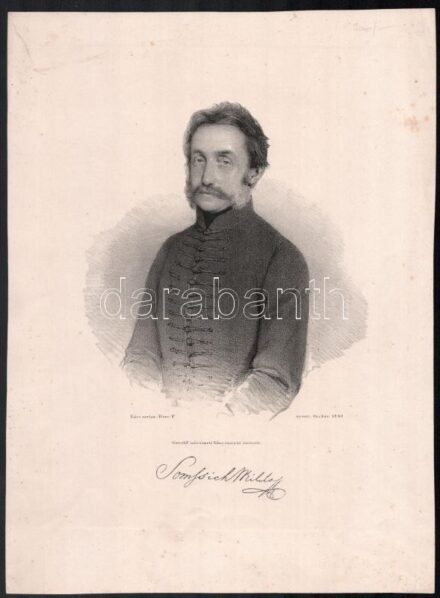 Somssich Miklós (1784-1870) reformkori politikus, Somogy vármegye alispánja, 1840. Litográfia, papír. Kőre metsz.: Herr F., nyomt. Omcken 1840, Gerold művészeti kőnyomtató intézete. Somssich Miklós nyomtatott aláírásával. Lapszéli